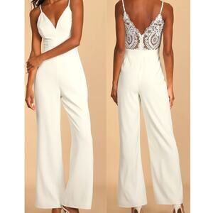 LULU'S XS Follow My Heart Ivory Lace Sleeveless Wide-Leg Jumpsuit *flaw B34